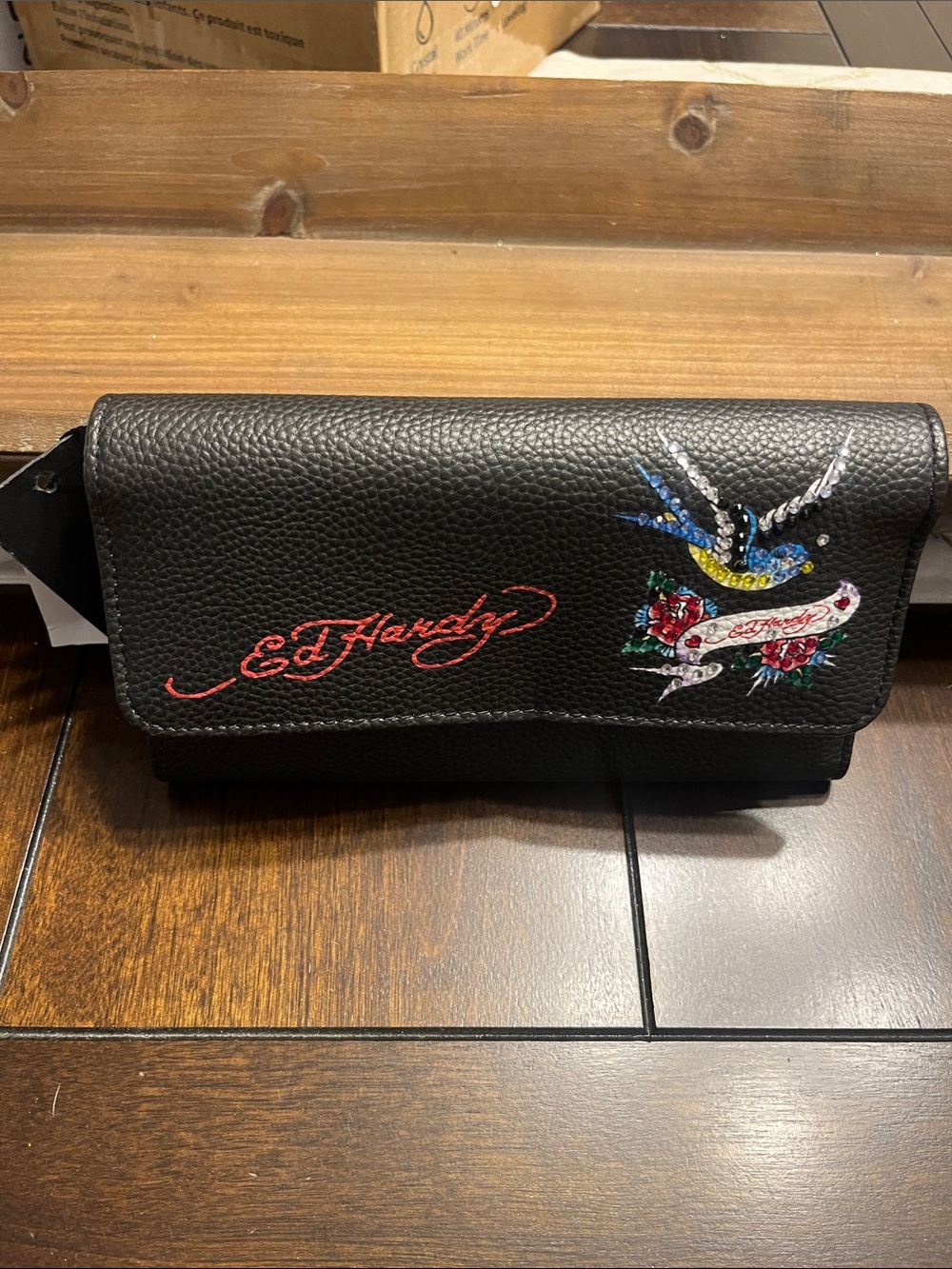Ed Hardy Black Wallet Clutch with Red Logo and Multicolor Tattoo Bird